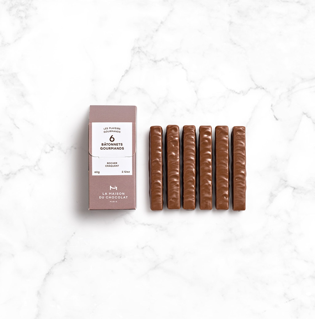 Bâtonnets Gourmands Rocher Craquant 6 chocolats sur fond marbre