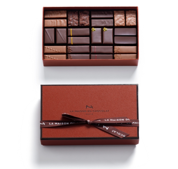 gourmet milk and dark chocolate gift box, brown gift box with dark brown ribbon 